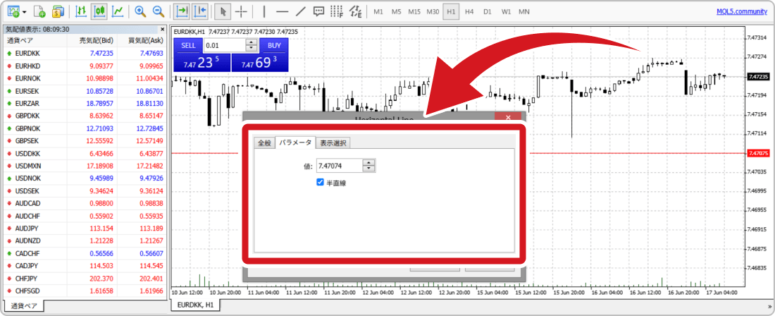 MT4ウェブトレーダーのパラメータ設定画面
