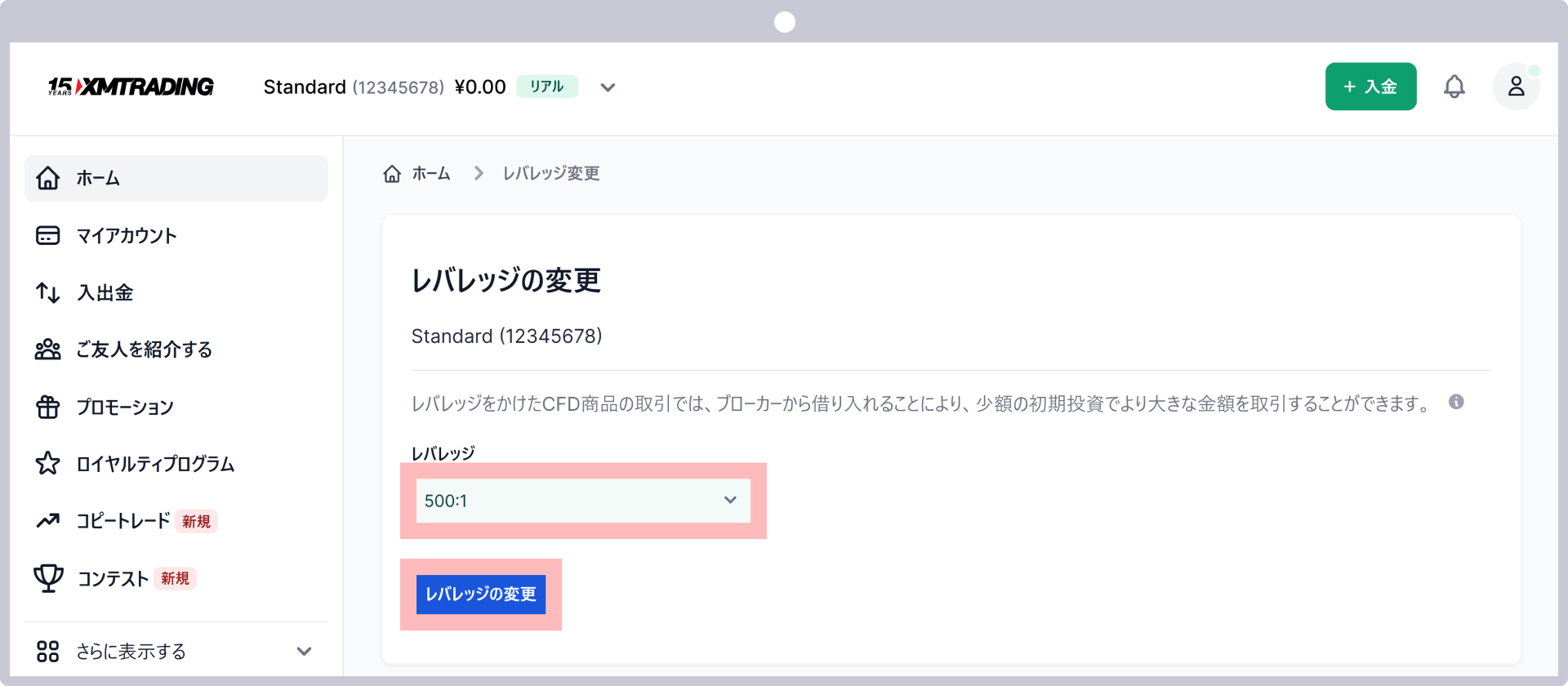 レバレッジの変更をクリック