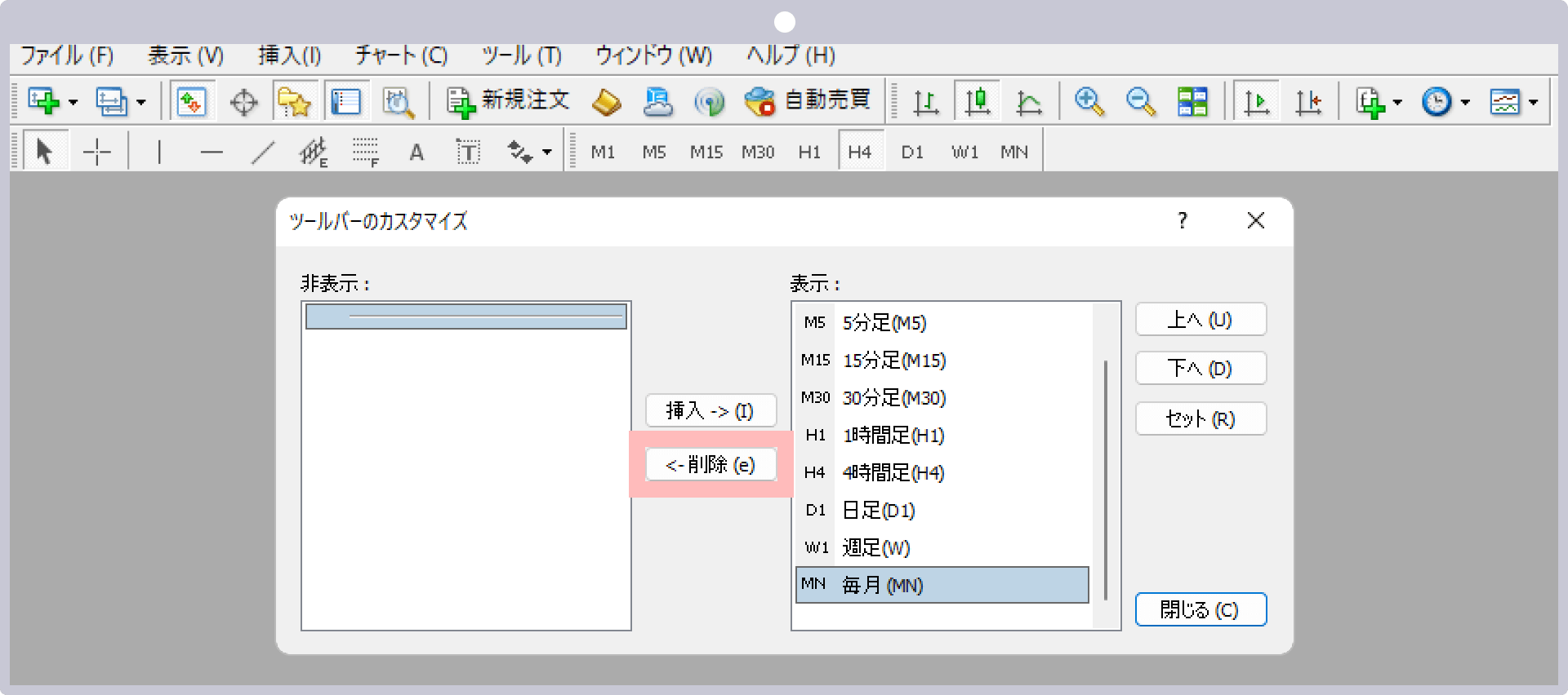 ツールバーから時間足を非表示にする場合