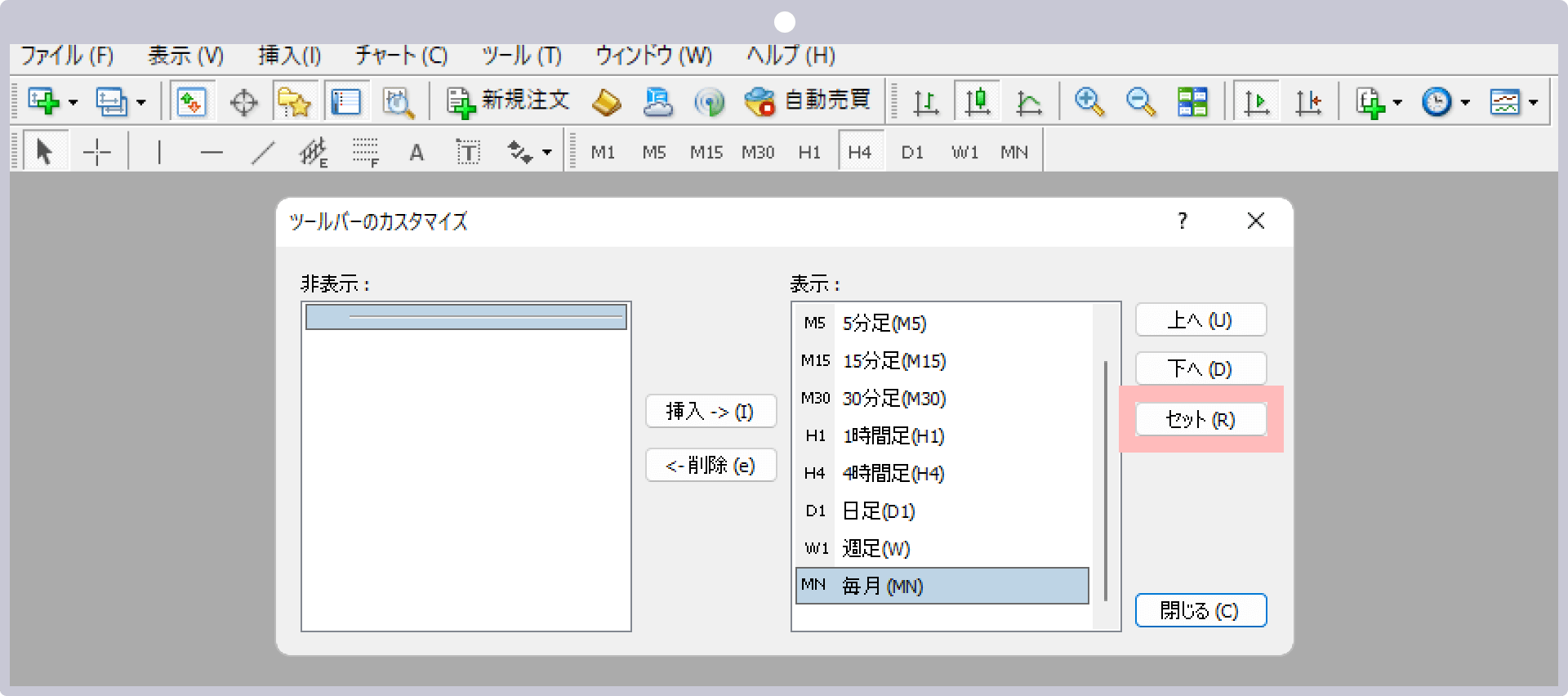 ツールバー内の時間足表示をデフォルトに戻す場合