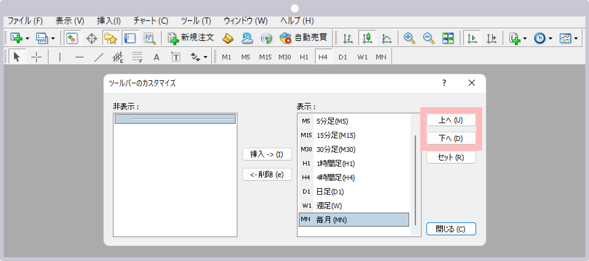 ツールバー内の時間足表示位置を変更する場合