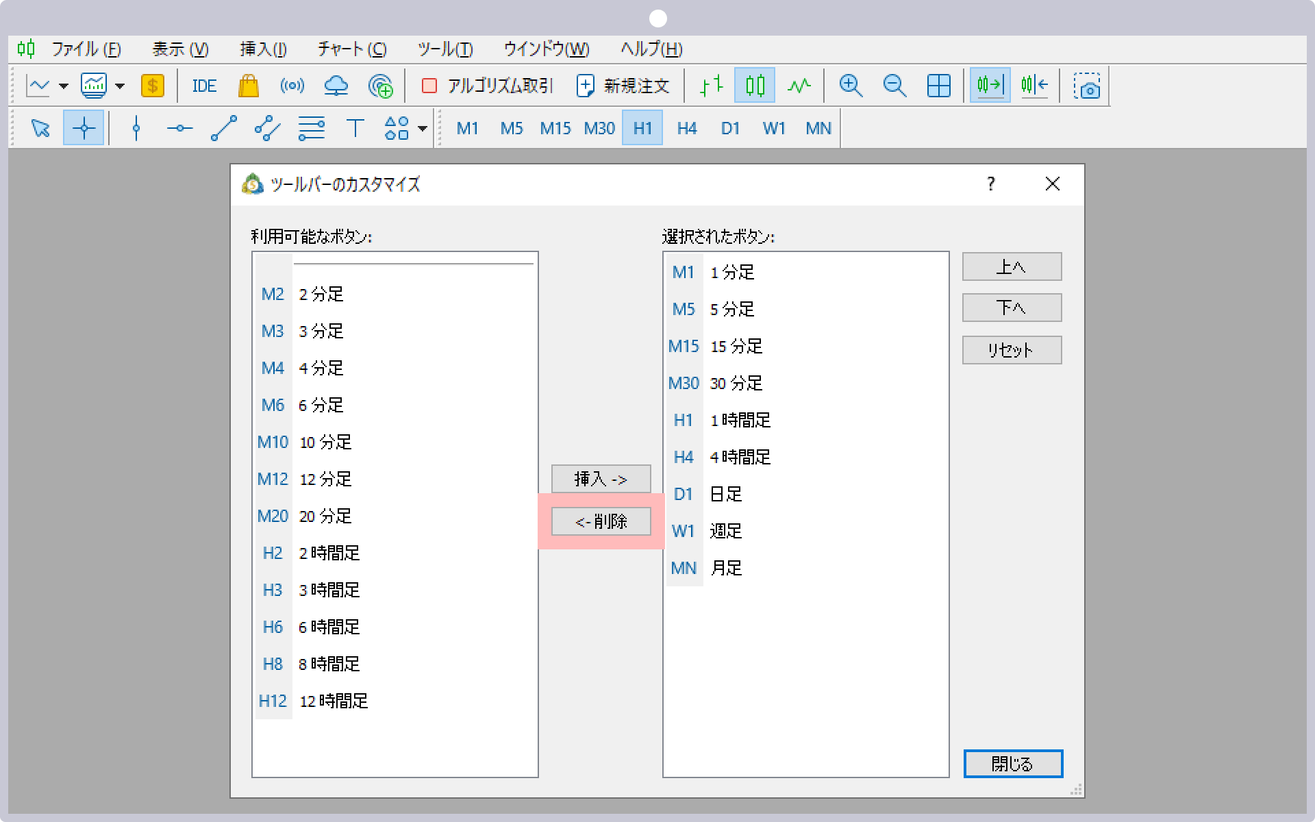 ツールバーから時間足を非表示にする場合