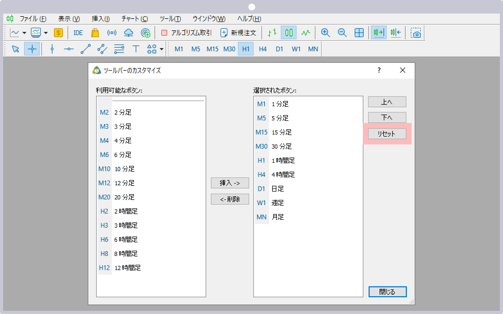 ツールバー内の時間足表示をデフォルトに戻す場合